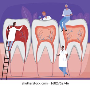 Little doctors treat large healthy teeth or molars with nerves, pulpitis as a concept of tooth care. Flat vector stock illustration with a dentist or orthodontist and molar in a dental clinic