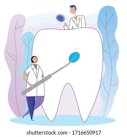 Little doctors in white coats and a big healthy white molar or tooth for the web. Flat and linear vector stock illustration as a dental concept for the treatment of molars as linear art