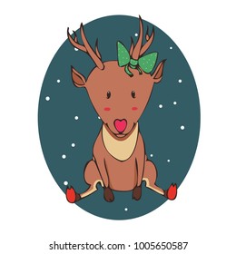 Little doe sitting in a snow. Vector illustration for children bedtime book story. Cartoon baby deer in a circle. Cute female animal kid Christmas and new year theme.