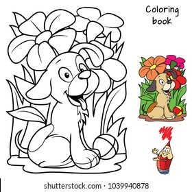 Little dog with a ball among the flowers. Coloring book. Cartoon vector illustration