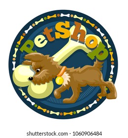 Little Dog With Big Bone. Petshop Round Logo. Signboard Of Shop For Animals