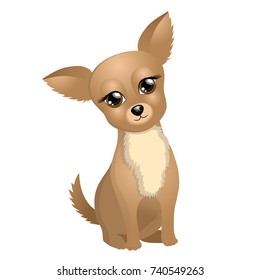 Little dog with big eyes sitting, wagging tail, cute brown small doggy, nice pet chihuahua breed, cartoon character, chinese symbol of 2018 New year.
