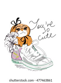 A little dog with a bow in a sneaker with flowers.