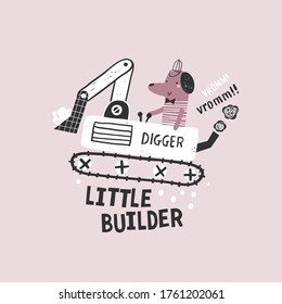 Little dog builder. Funny cartoon excavator vector illustration.