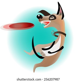 Little Dog Catching The Frisbee. Vector Illustration.