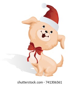 little dog in a Christmas hat with a bow looks up