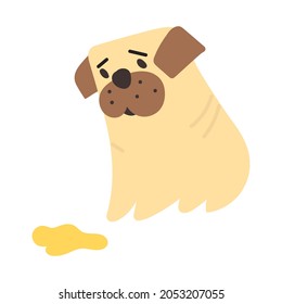 Little Dog Confused And Looking At Piss Spot. Vector Illustration On White Background.