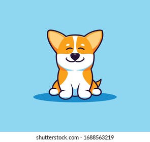 A little dog corgi, logo. Funny cartoon character, logotype, badge, sticker, emblem on blue background isolated. Vector illustration, flat, line art style, creative design