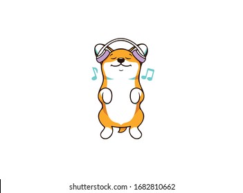 A little dog corgi, logo music love. Funny dog cartoon character, logotype, badge, sticker, emblem on white background isolated. Vector illustration, flat line art style creative design