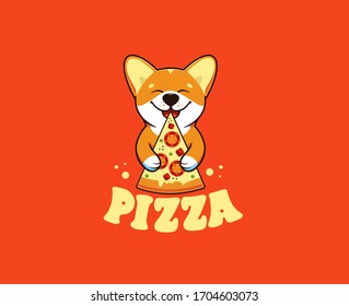 A little dog eats pizza, logo. Funny corgi cartoon character, food logotype, badge, sticker, emblem on orange background with text. Vector illustration, flat, line art style, creative design