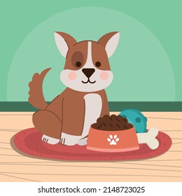 little dog with food and toy