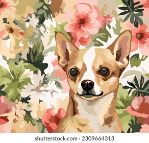 Perrito frente a flor y hojas. Ilustración de vectores