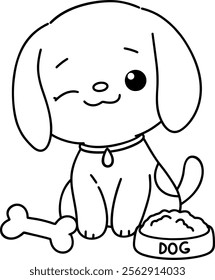 The little dog is happy with the food, easy coloring for kids, vector, illustration