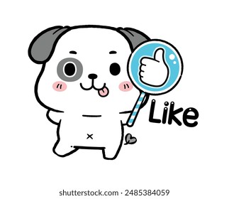 Little Dog Holding a Like Sign, Kawaii Cartoon Style