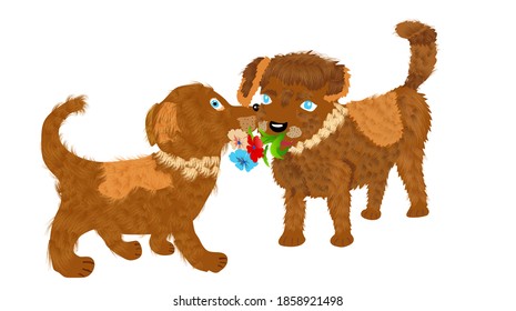 Little dog kisses another that have flowers in its mouth. Greeting card vector illustration isolated on white background.