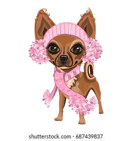 A little dog in a knitted hat with scarf. Colored Vector illustration.