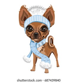 A little dog in a knitted hat with scarf. Colored Vector illustration.