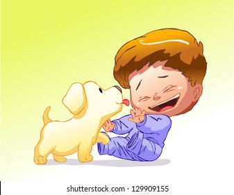 A little dog licking a boy's cheek