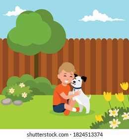 A little dog licking a boy's cheek. Best friends. Cartoon vector clip art illustration on the backyard