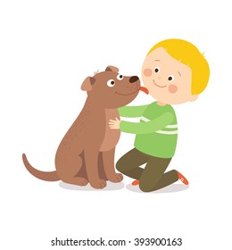 Little dog licking boy's cheek. Best friends. Cartoon vector clip art illustration on white background.
