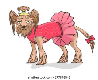 Little dog not such happy as its master. Vector Illustration