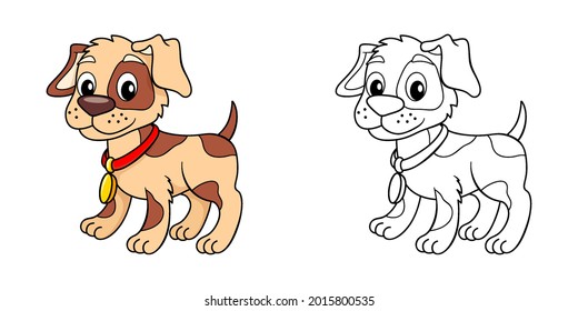 Little dog. Puppy. Black and white vector illustration for coloring book