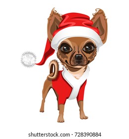 little dog in a red Santa Claus hat. Colored Vector illustration.