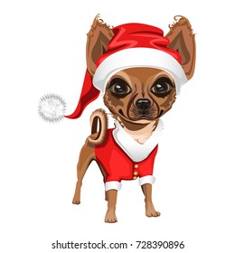 little dog in a red Santa Claus hat. Colored Vector illustration.
