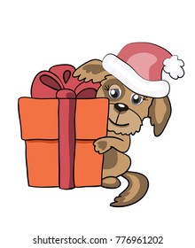 Little dog in santa hat with gift box. Vector illustration isolated on white.