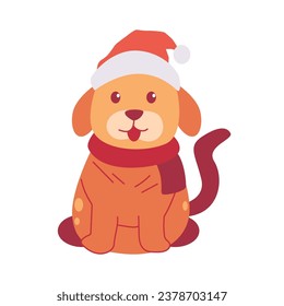 little dog sitting and wearing scarf and christmas head vector animal illustration design