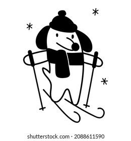 Little dog skiing. Outline icon illustration on white background.  