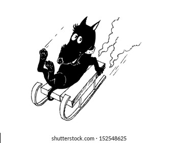 Little dog sliding from a hill on sledges