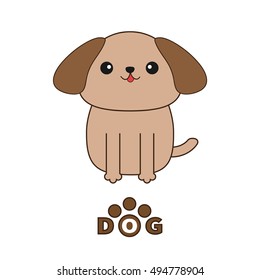 Little dog text with paw print. Cute cartoon character. Isolated. White background. Vector illustration. 