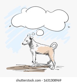 Little dog with twisted tail standing and thinking vector sketch with thought bubble, Hand drawn illustration