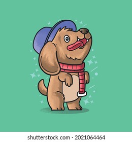 little dog wear hat and shall at winter illustration vector grunge style