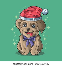 little dog wear santa hat illustration vector grunge