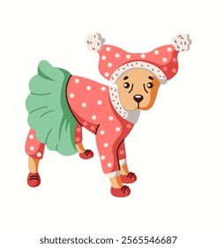 Little dog wearing funny costume and shoes flat color vector character. Canine pet in girlish clothing with skirt and cap illustration on white