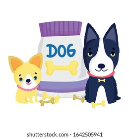 little dogs with collar and pack food bones cartoon vector illustration