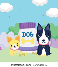 little dogs with collar sitting and pack food outside pets vector illustration