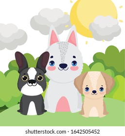 little dogs sitting canine cartoon outdoor pets vector illustration