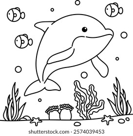 A little dolphin is swimming and exploring under the sea among a school of fish, easy coloring for kids, vector, illustration, coloring book, coloring page