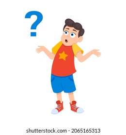 Niño de la pequeña duda haciendo preguntas de diseño de estilo plano ilustración vectorial aislado en fondo blanco. Un chico lindo que piensa en algo y un signo de interrogación vuela sobre él preguntando el concepto.