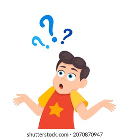 Little doubt boy kid asking question flat style design vector illustration isolated on white background. Cute boy thinking about something and question mark flies above him asking concept.
