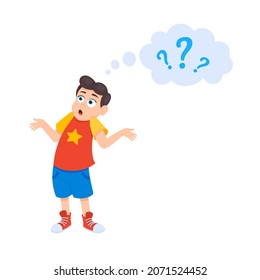 Kleiner Zweifelsjunge fragt flache Design-Vektorgrafik einzeln auf weißem Hintergrund. Cute Junge denkt über etwas und Fragezeichen fliegt über ihm fragen Konzept.
