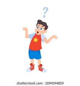 Little doubt boy kid asking question flat style design vector illustration isolated on white background. Cute boy thinking about something and question mark flies above him asking concept.