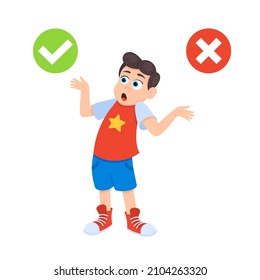 Kleiner Zweifelsjunge Junge zwischen rechts und falsch markiert flache Design-Vektorgrafik einzeln auf weißem Hintergrund. Cute Junge denkt über etwas richtig und falsch Wahlkonzept nach.