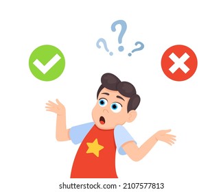 Little doubt boy kid between right and wrong check marks flat style design vector illustration isolated on white background. Cute boy thinking about something right and wrong choice concept.