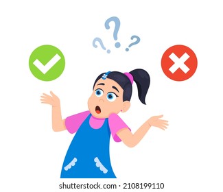 Little doubt girl between right and wrong check marks flat style design vector illustration isolated on white background. Cute girl thinking about something right and wrong choice concept.