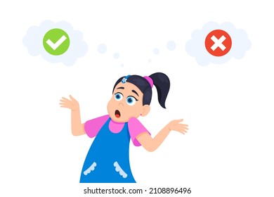 Little doubt girl between right and wrong check marks flat style design vector illustration isolated on white background. Cute girl thinking about something right and wrong choice concept.