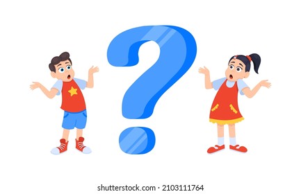 Little doubt girl and boy kids asking question flat style design vector illustration isolated on white background. Cute kids thinking about something and question mark flies above her asking concept.